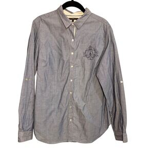 CHEMISTRY Blue Chambray Embroidered Crest Long Sleeve Button Up Shirt Size L